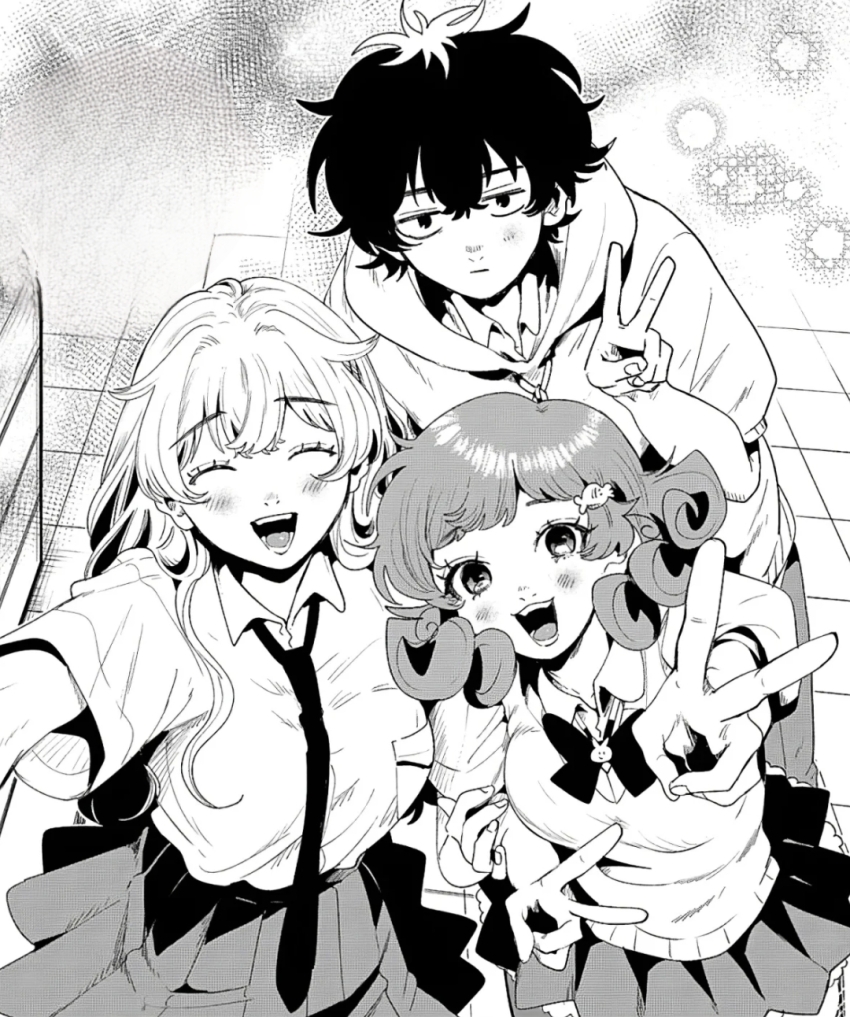 1boy, 2girls, black_eyes, black_hair, blonde_hair, blush, closed_eyes, closed_mouth