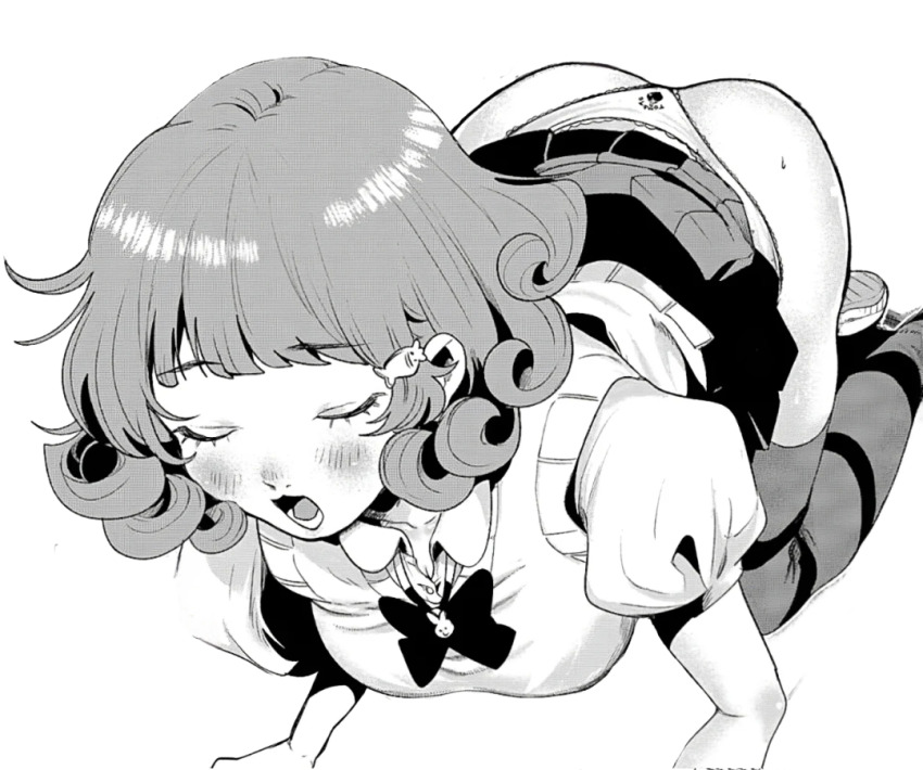 1girl, blush, closed_eyes, clothes_lift, filter-goshi_no_kanojo, grey_skirt, greyscale, kagurazaka_minami, long_hair, monochrome, open_mouth, panties, pink_hair, school_uniform, shirt, simple_background, skirt, skirt_lift, solo, transparent_background, underwear, white_panties, white_shirt