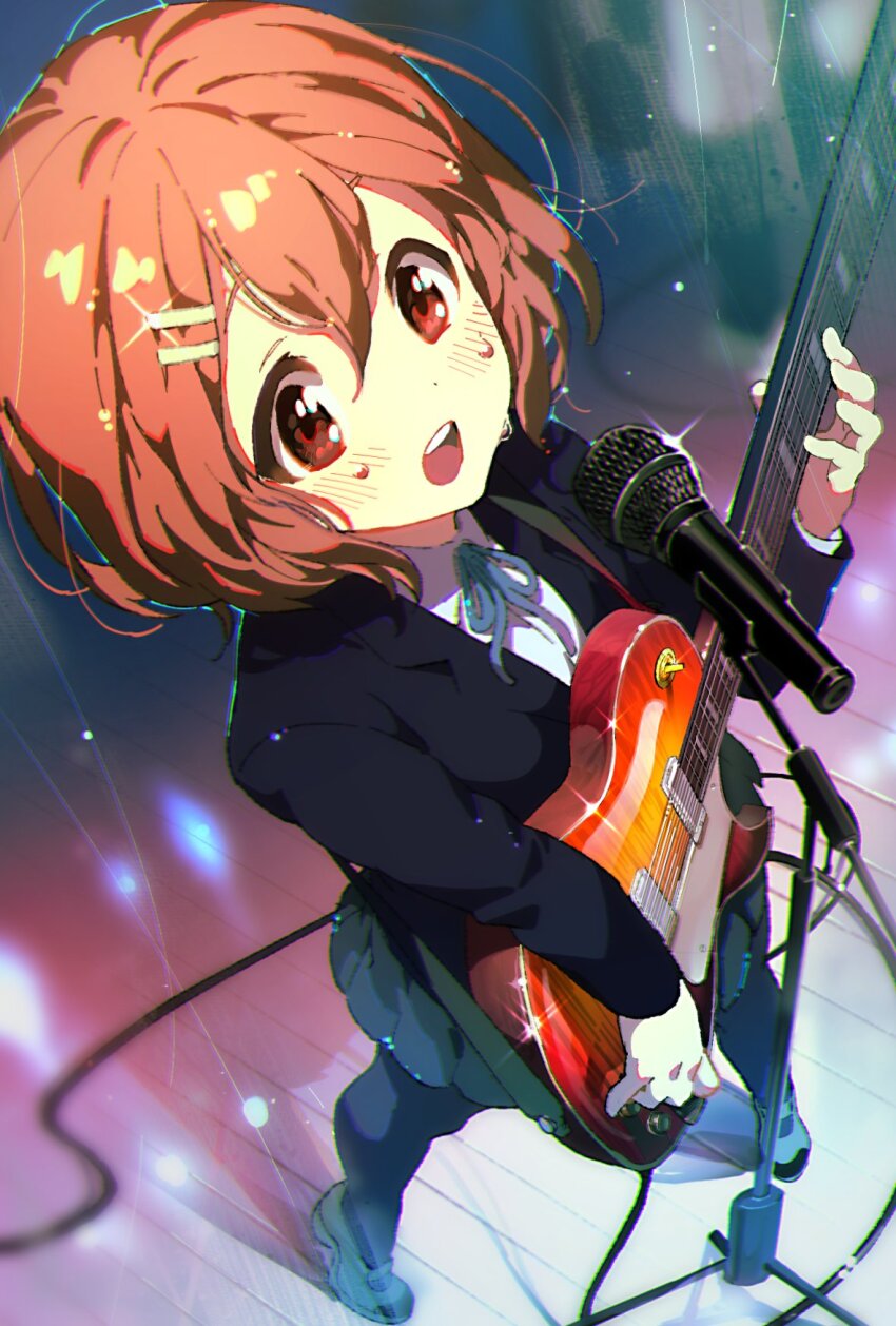 1girl, blush, brown_eyes, brown_hair, commentary_request, electric_guitar, from_above, full_body
