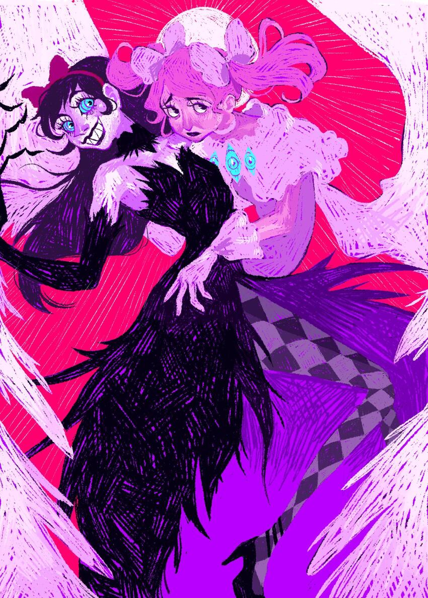 2girls, akemi_homura, akuma_homura, angel_and_devil, angel_wings, argyle_clothes, argyle_pantyhose, arm_around_another's_waist, arm_around_neck, bare_shoulders, black_dress, black_eyes, black_footwear, black_gloves, black_hair, blue_eyes, bow, choker, claws, cleavage_cutout, clothing_cutout, collarbone, commentary, dress, elbow_gloves, english_commentary, extra_eyes, eyelashes, feathered_wings, floating_hair, frown, full_body, gloves, grey_pantyhose, hair_bow, hairband, high_heels, highres, kaname_madoka, layered_sleeves, lipstick, long_hair, long_sleeves, mahou_shoujo_madoka_magica, mahou_shoujo_madoka_magica:_hangyaku_no_monogatari, makeup, moon_(missuceda), multiple_girls, pale_skin, pantyhose, pink_hair, pink_sleeves, puffy_long_sleeves, puffy_sleeves, purple_lips, red_background, red_bow, red_hairband, short_hair, short_over_long_sleeves, short_sleeves, short_twintails, simple_background, strapless, strapless_dress, sun, chest_eye, twintails, ultimate_madoka, white_bow, white_choker, white_dress, white_gloves, white_sleeves, white_wings, wings, wrinkled_skin, yuri
