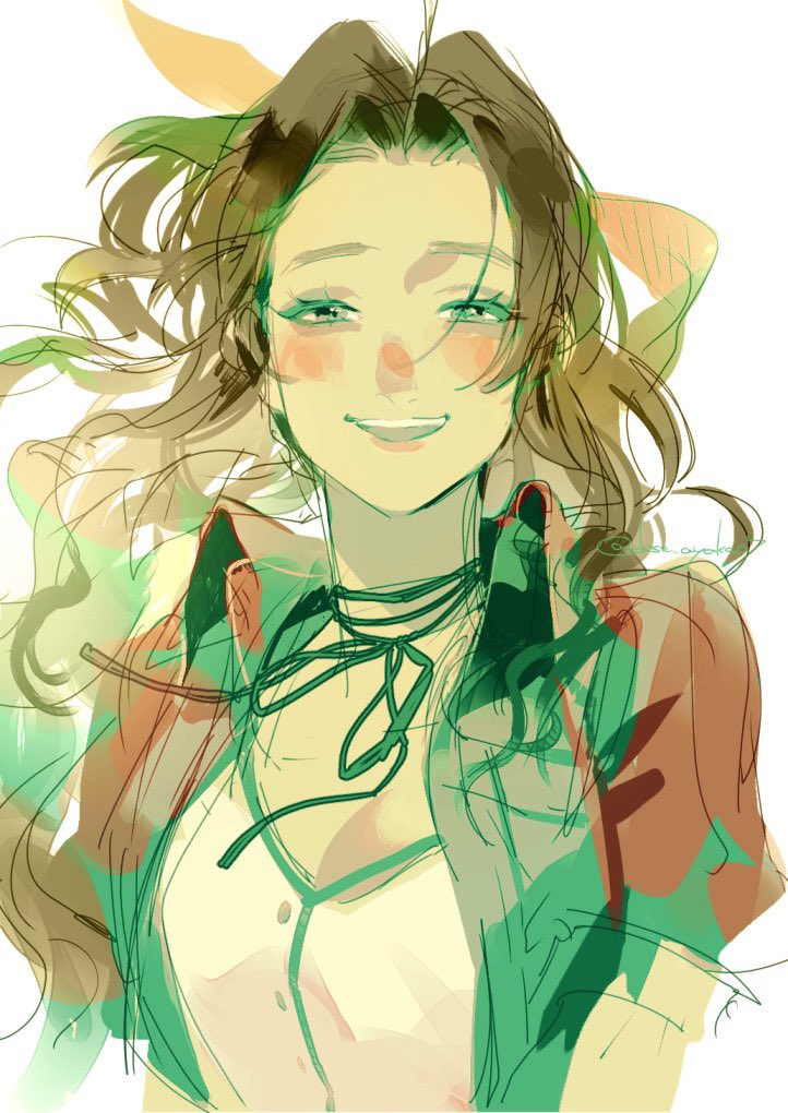 1girl, aerith_gainsborough, blush, breasts, brown_hair, choker, cleavage, colored_eyelashes, dress, final_fantasy, final_fantasy_vii, hair_ribbon, jacket, long_hair, looking_at_viewer, medium_breasts, open_mouth, parted_bangs, pink_dress, pink_ribbon, red_jacket, ribbon, ribbon_choker, sidelocks, sketch, smile, solo, tkst_ayaka, twitter_username, upper_body, wavy_hair, white_background