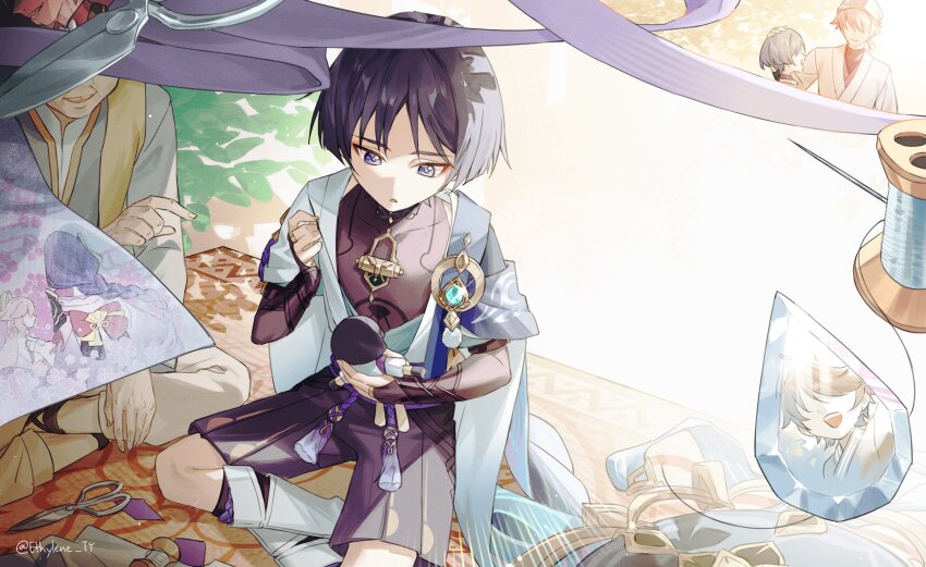 6+boys, :o, artist_name, black_hair, black_shirt, black_shorts, bloom, blue_cape, blue_headwear, blunt_ends, bridal_gauntlets, cape, character_doll, character_print, commentary, covered_collarbone, doll, english_commentary, escher_(genshin_impact), ethylene_ty, eyeshadow, genshin_impact, gold_trim, hand_up, hat, highres, holding, holding_doll, index_finger_raised, jacket, jingasa, light_rays, looking_down, makeup, male_focus, multiple_boys, niwa_(genshin_impact), open_clothes, open_jacket, open_mouth, parted_bangs, pointing, pom_pom_(clothes), purple_eyes, purple_ribbon, purple_sash, raiden_shogun, red_eyeshadow, ribbon, rope, rug, sash, scaramouche's_sickly_friend_(genshin_impact), scaramouche_(genshin_impact), scaramouche_(shouki_no_kami)_(genshin_impact), scissors, sewing, sewing_pin, shirt, short_hair, short_sleeves, shorts, sidelocks, sitting, sleeveless, sleeveless_shirt, smile, solo_focus, spool, string, tassel, twitter_username, unworn_hat, unworn_headwear, vision_(genshin_impact), wanderer_(genshin_impact), white_jacket, wispy_bangs, yae_miko