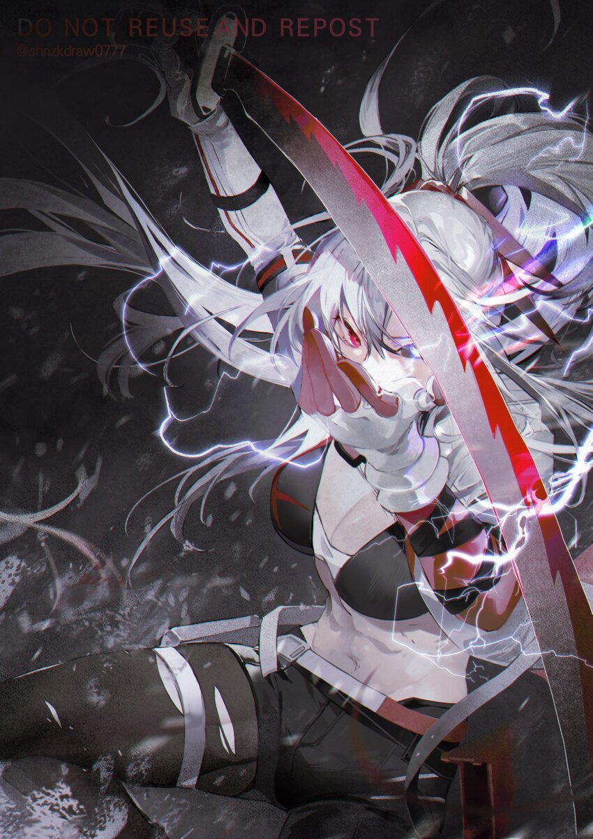 1girl, absurdres, alpha_(pgr), bandaged_arm, bandages, black_bandages, black_bra, black_leggings, black_pantyhose, bra, cino_(cappuccino), electricity, grey_eyes, grey_hair, hair_between_eyes, heterochromia, highres, holding, holding_sword, holding_weapon, katana, leggings, long_hair, alpha:_crimson_weave_(pgr), mechanical_arms, navel, pantyhose, ponytail, punishing:_gray_raven, red_eyes, single_leg_pantyhose, single_mechanical_arm, solo, sports_bra, sword, twitter_username, underwear, weapon