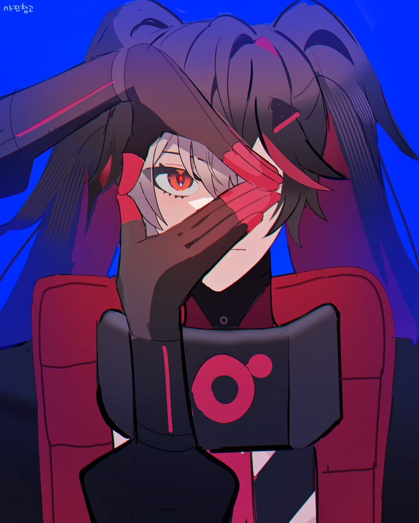 1girl, black_hair, black_jacket, blue_background, colored_inner_hair, fake_horns, hair_between_eyes, hair_ornament