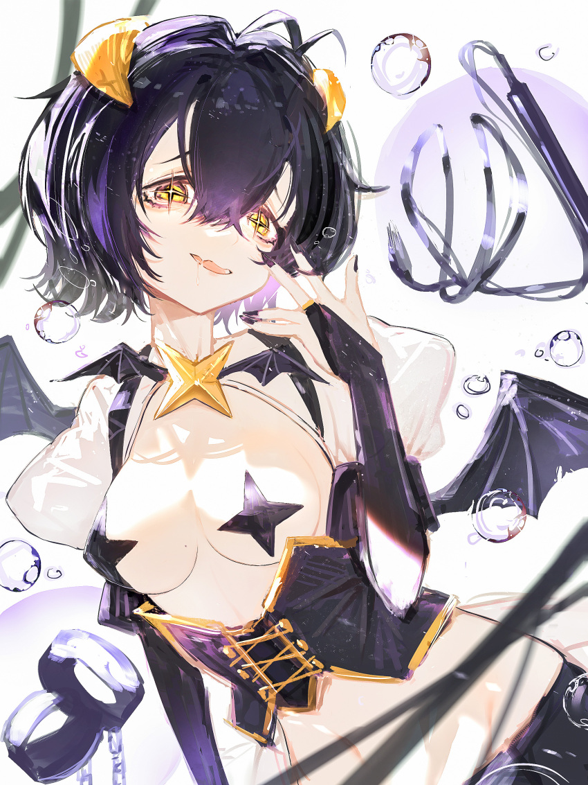 1girl, absurdres, black_hair, black_nails, breasts, corset, cross, cross-shaped_pupils, cross_pasties, demon_wings, fang, forward-facing_horns, highres, hiiragi_utena, horns, lewenxijian, looking_at_viewer, low_wings, magia_baiser, magical_girl, mahou_shoujo_ni_akogarete, medium_breasts, navel, pants, pasties, purple_corset, purple_pants, riding_crop, short_hair, shrug_(clothing), solo, symbol-shaped_pupils, water_drop, white_shrug, wings, yellow_eyes, yellow_horns