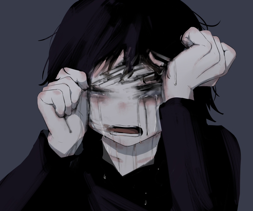 1girl, absurdres, avogado6, bags_under_eyes, black_background, black_hair, black_shirt, commentary_request