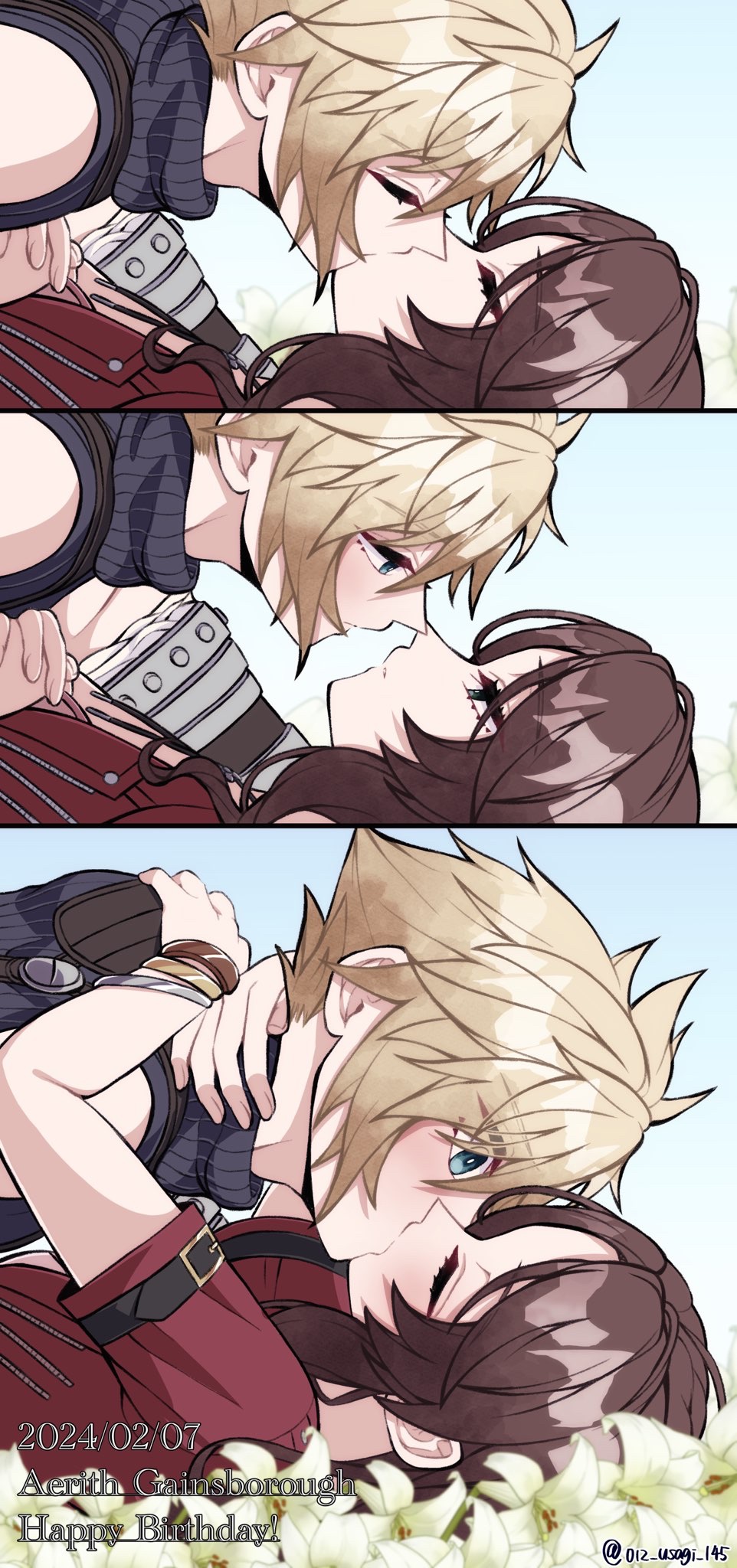 012_usagi, 1boy, 1girl, aerith_gainsborough, arms_around_neck, assertive_female, bandaged_arm, bandages