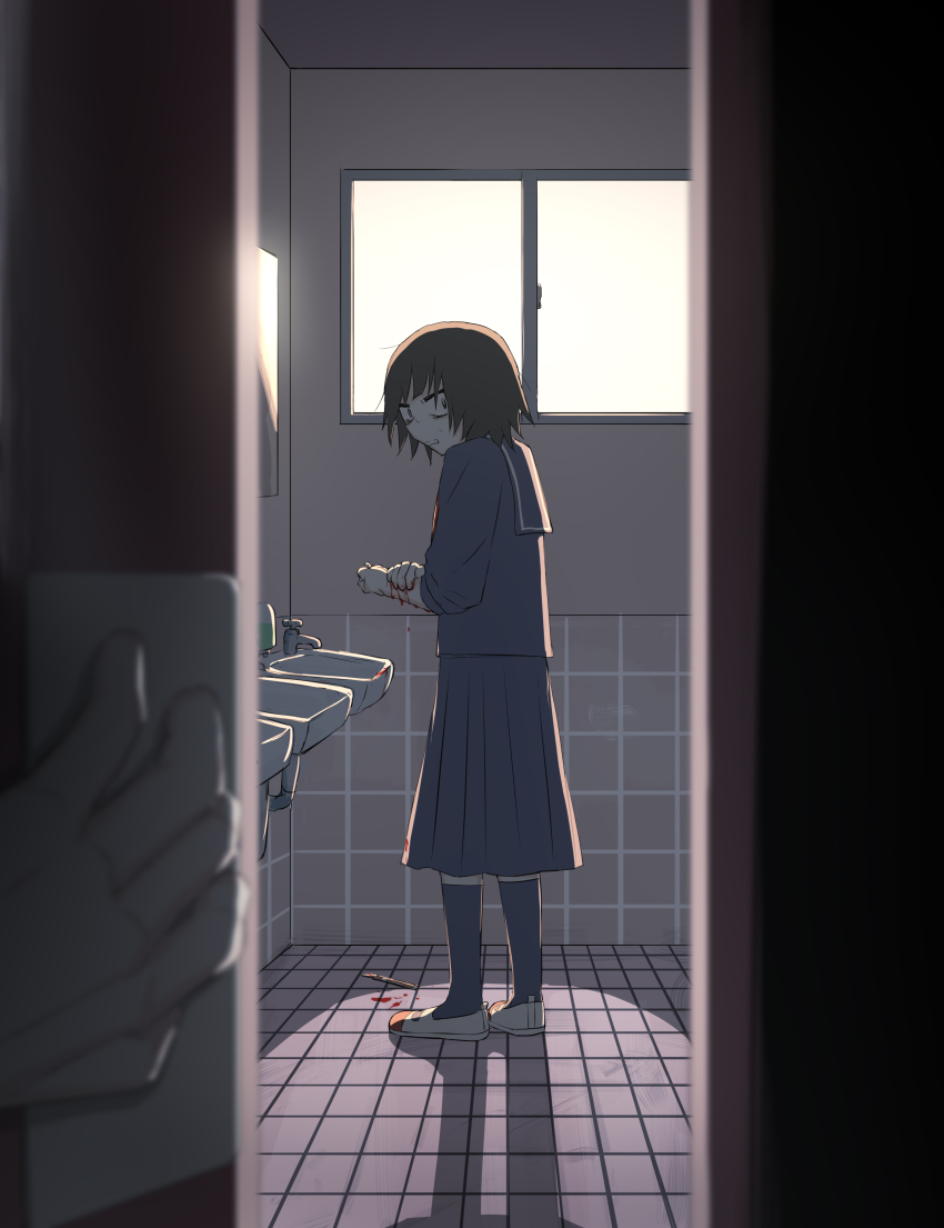 1girl, 1other, absurdres, ambiguous_gender, avogado6, backlighting, bags_under_eyes, bathroom, black_eyes, black_hair, bleeding, blood, blue_sailor_collar, blue_serafuku, blue_skirt, blue_socks, blurry, blurry_foreground, caught, commentary, covering_injury, from_outside, hand_on_own_arm, highres, indoors, kneehighs, long_skirt, looking_at_viewer, nervous_sweating, original, overexposure, pov, pov_hands, sailor_collar, scalpel, school, school_uniform, self-harm, serafuku, shadow, shoes, short_hair, skirt, sleeve_pushed_up, socks, solo, standing, sweat, tile_floor, tiles, uwabaki, walk-in, wide-eyed, window, wrist_cutting