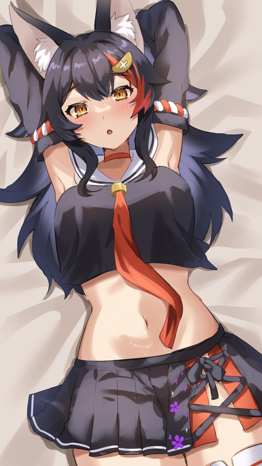 1girl, absurdres, animal_ear_fluff, animal_ears, arms_behind_head, black_hair, black_skirt, black_sleeves, blush, bone_hair_ornament, breasts, choker, crop_top, detached_sleeves, hair_between_eyes, hair_ornament, hairclip, highres, hololive, kouhaku_nawa, long_hair, looking_at_viewer, lying, medium_breasts, melcham_15, midriff, miniskirt, multicolored_hair, navel, on_back, ookami_mio, ookami_mio_(1st_costume), open_mouth, red_choker, red_hair, rope, shimenawa, skirt, solo, streaked_hair, thighs, virtual_youtuber, wolf_ears, wolf_girl, yellow_eyes