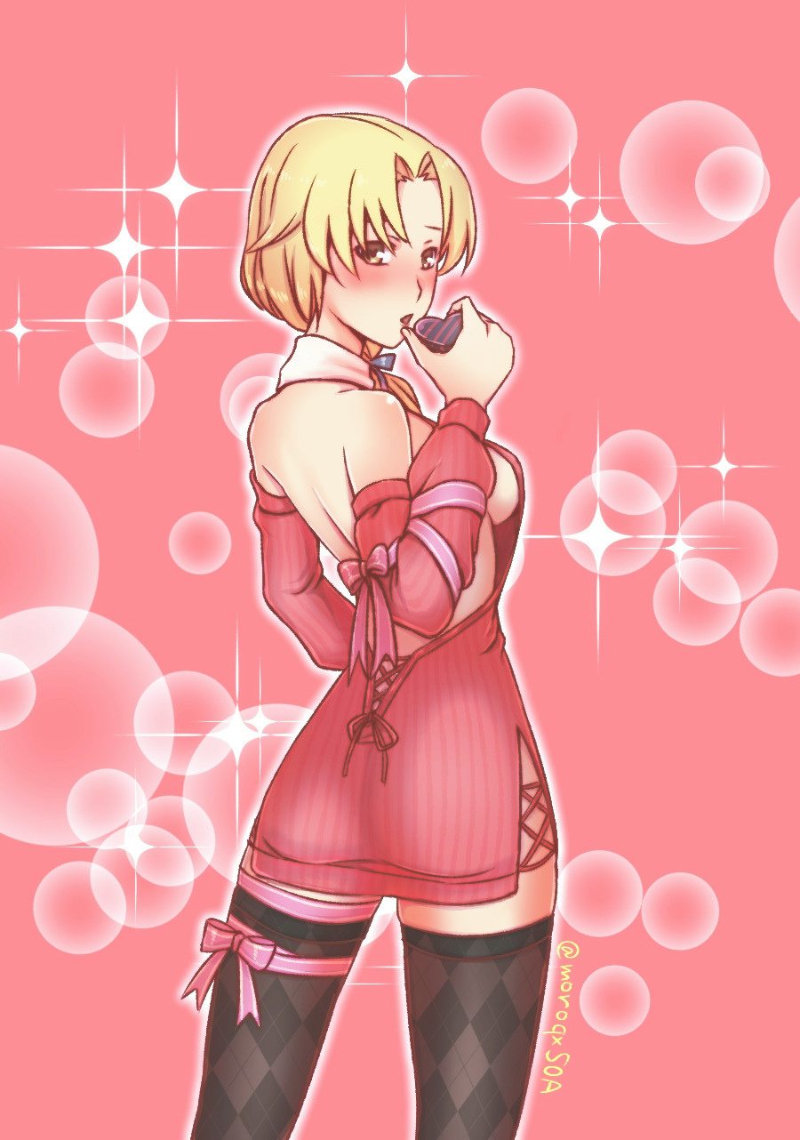 1girl, ass, backless_dress, backless_outfit, bare_back, bare_shoulders, black_thighhighs, blonde_hair