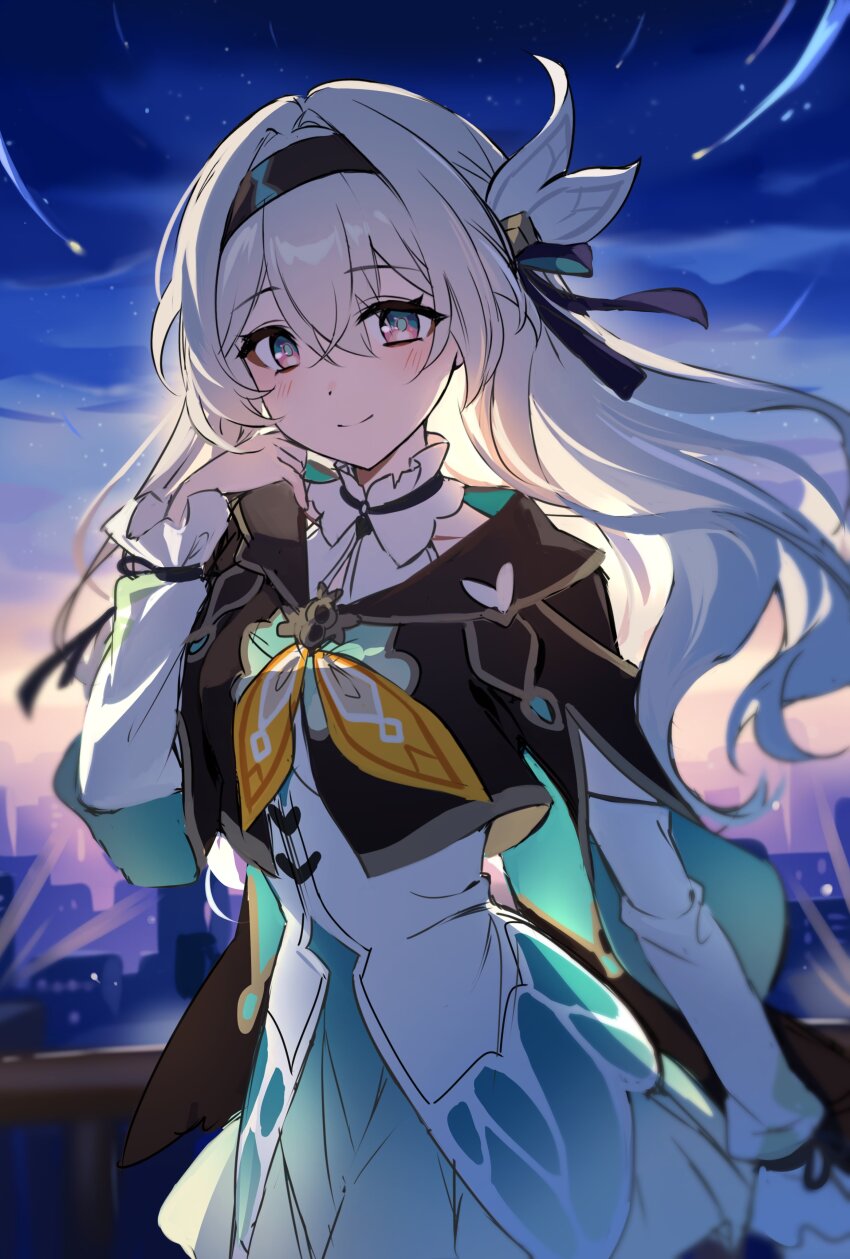 1girl, absurdres, balcony, black_hairband, black_jacket, blue_eyes, blue_skirt, bow