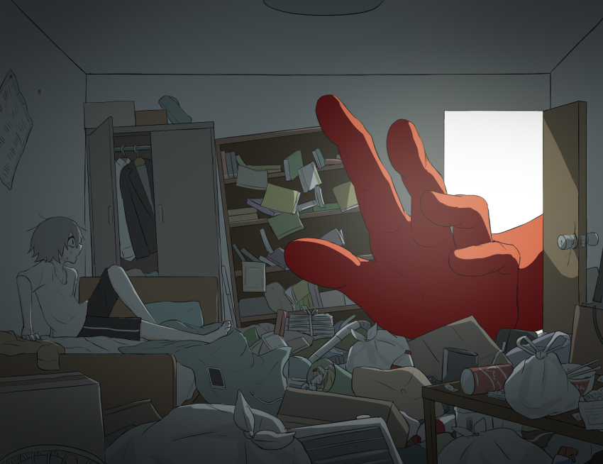 1boy, 1other, absurdres, against_wall, ambiguous_gender, avogado6, bags_under_eyes, barefoot