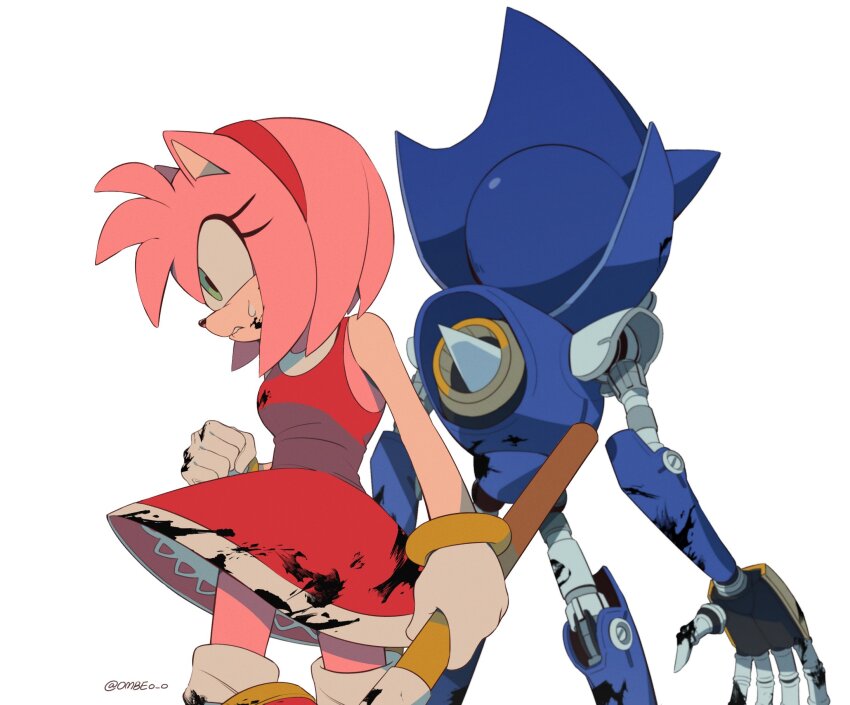 1boy, 1girl, amy_rose, animal_ears, animal_nose, armor, artist_name, back