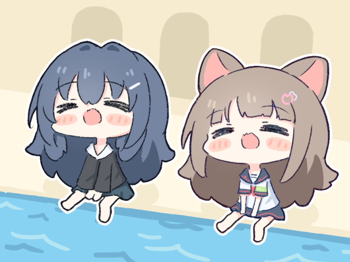 >_<, 2girls, ai-chan_(misskey.io), animal_ears, barefoot, black_jacket, blue_hair, blue_skirt