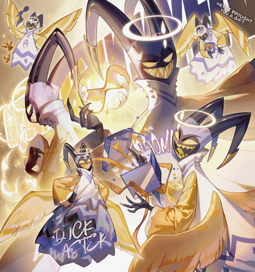 1boy, adam_(hazbin_hotel), angel, angel_wings, black_mask, electric_guitar, guitar, halo