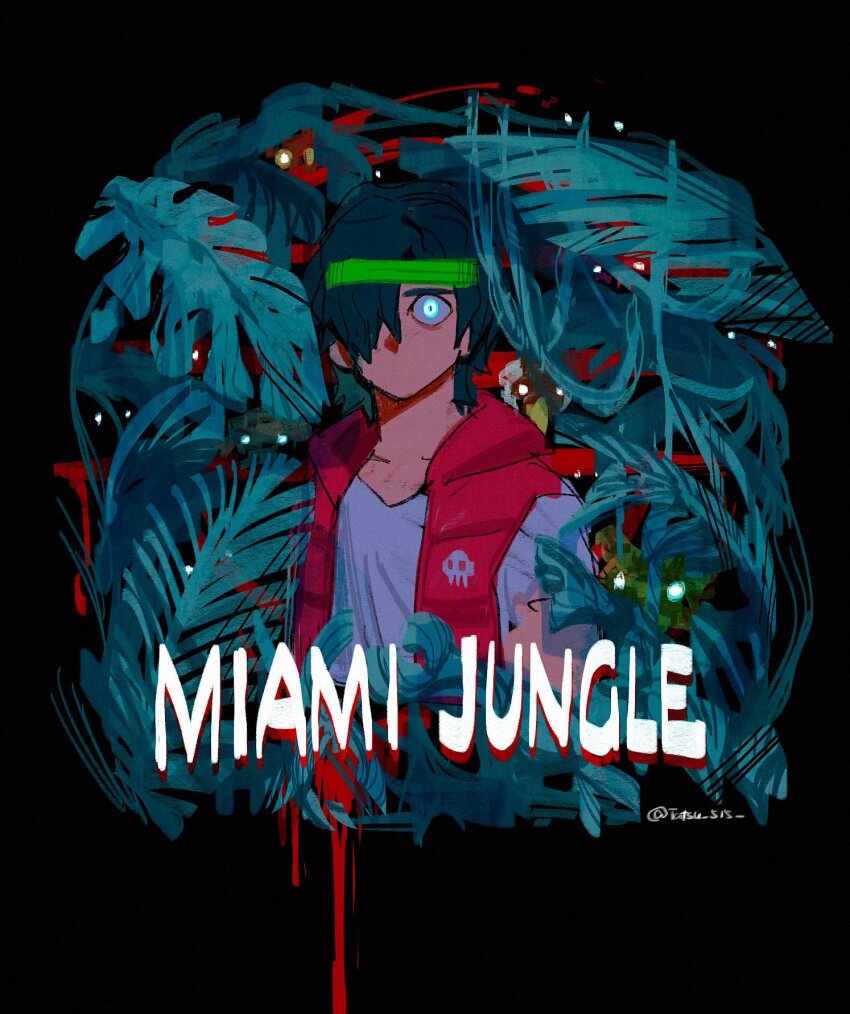 1boy, bandana, biker_(hotline_miami), black_background, blood, blue_eyes, collarbone, english_text