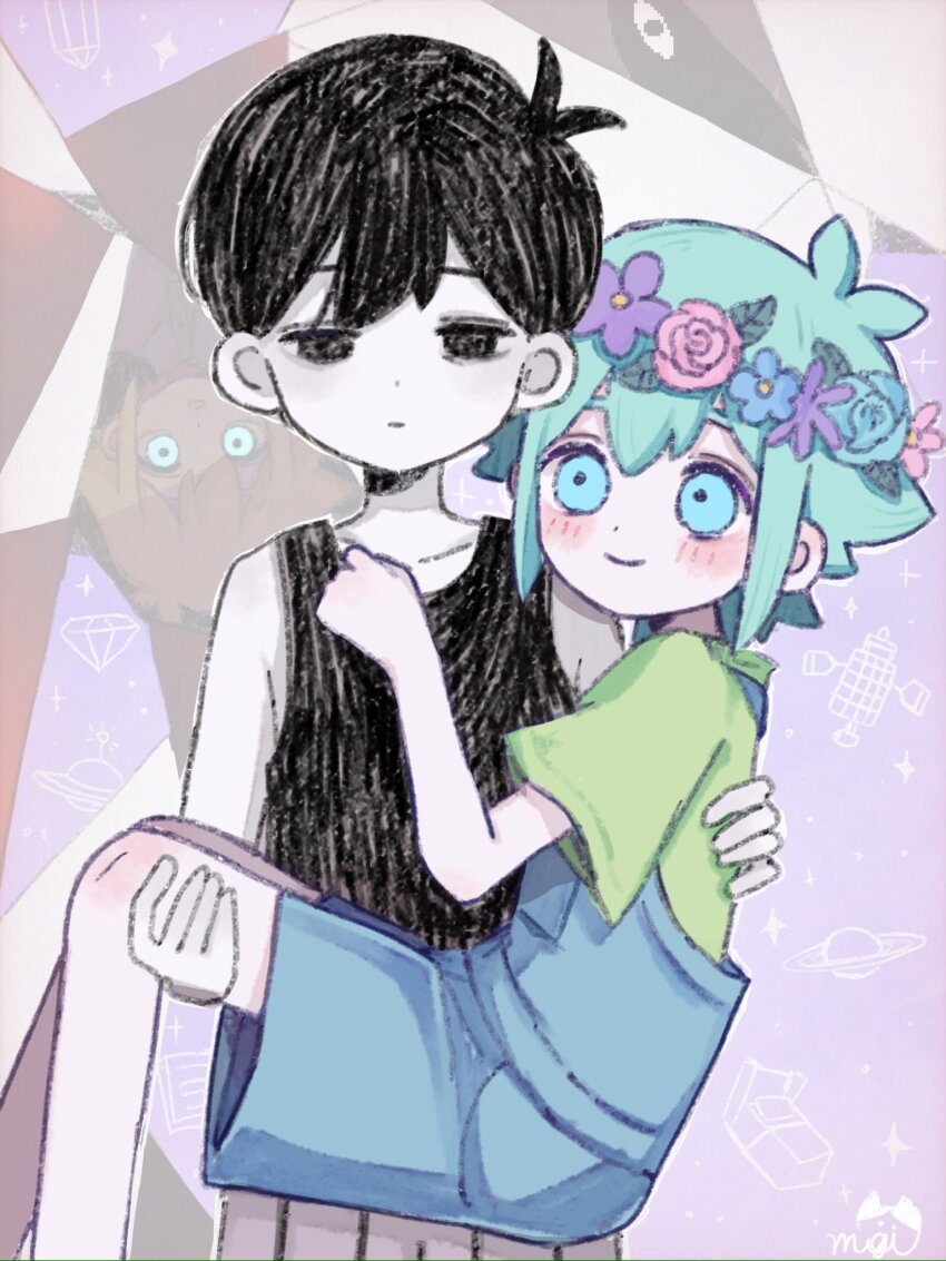 2boys, ahoge, aqua_eyes, aqua_flower, aqua_hair, artist_name, bare_shoulders, basil_(faraway)_(omori)