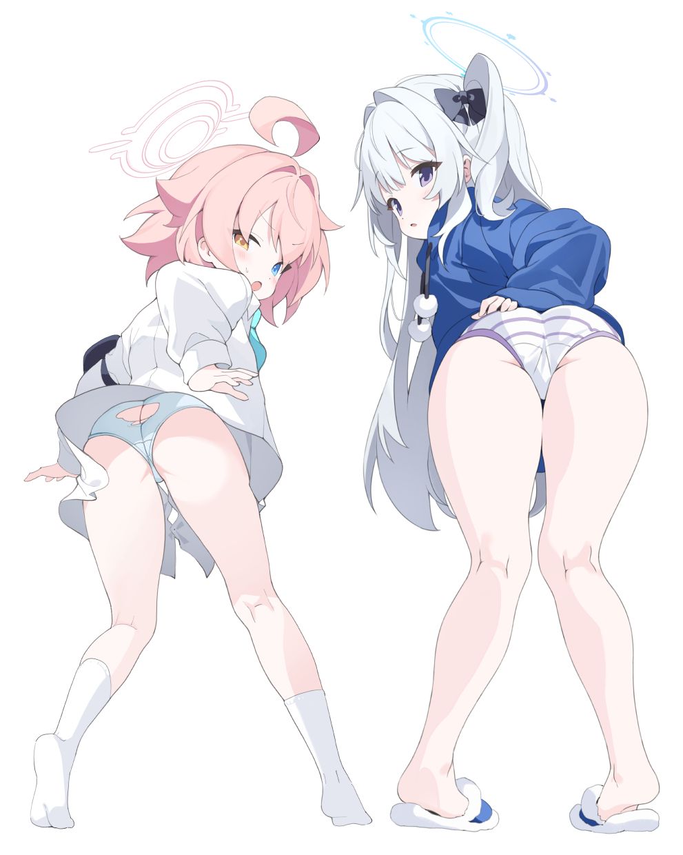 2girls, ahoge, ass, black_bow, blue_archive, blue_eyes, blue_hoodie, blue_panties, bow, female_focus, from_behind, full_body, grey_hair, hair_bow, highres, hood, hoodie, hoshino_(blue_archive), hoshino_(first_year)_(blue_archive), hoshino_(young)_(blue_archive), kneepits, long_hair, long_sleeves, looking_at_viewer, looking_back, miyako_(blue_archive), multiple_girls, official_alternate_costume, one_side_up, panties, pink_hair, purple_eyes, purple_panties, purple_trim, quel_(quel1111), shirt, short_hair, simple_background, slippers, socks, striped_clothes, striped_panties, two-tone_panties, underwear, white_background, white_panties, white_shirt, white_socks, yellow_eyes