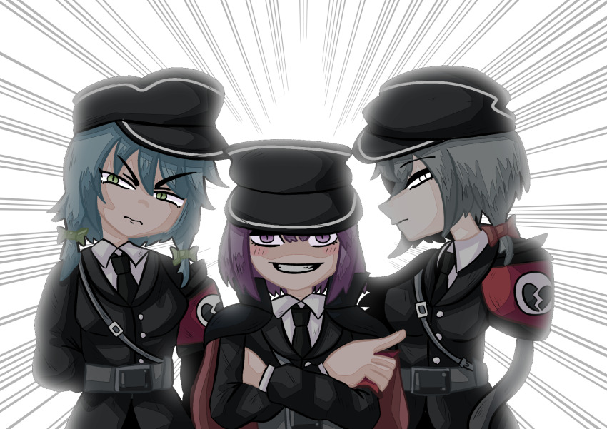 3girls, armband, black_headwear, black_jacket, black_necktie, blue_hair, blush, bow