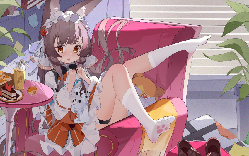 1girl, :o, absurdres, animal_ear_fluff, animal_ears, arknights, black_bow, black_bowtie, blue_bow, bow, bowtie, brown_eyes, brown_hair, brown_shoes, cake, cake_slice, couch, dessert, dress, drink, feet, food, frilled_hairband, frilled_skirt, frills, hairband, highres, legs, legs_up, loafers, long_hair, long_sleeves, low_twintails, ningmeng_jing_jing_jing_jing, no_shoes, on_couch, orange_skirt, paw_print_soles, rabbit_ears, rabbit_girl, ribbon, shoes, sitting, skirt, socks, soles, table, toes, twintails, unworn_footwear, warmy_(arknights), white_dress, white_ribbon, white_socks