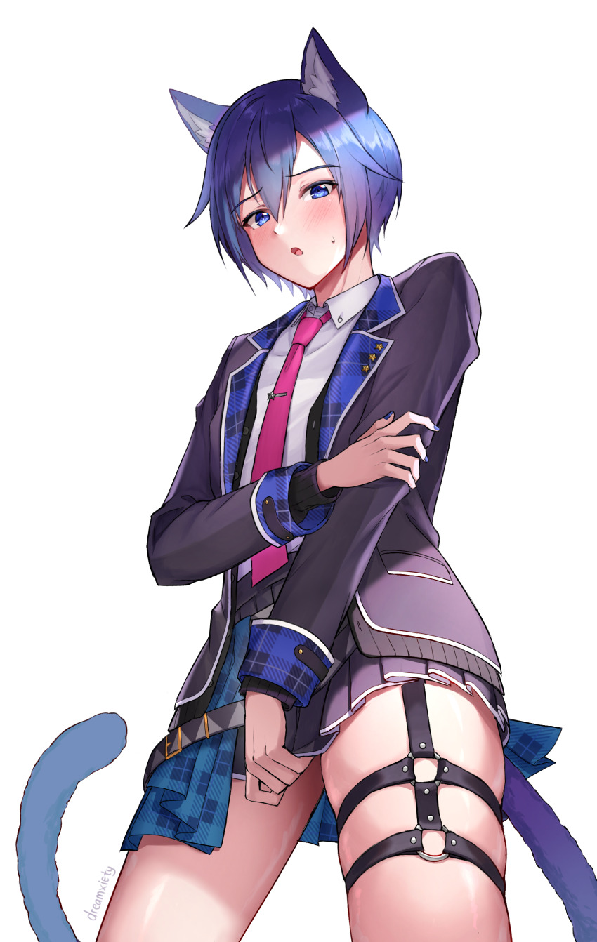 1boy, absurdres, animal_ears, artist_name, black_skirt, blue_eyes, blue_hair, blush
