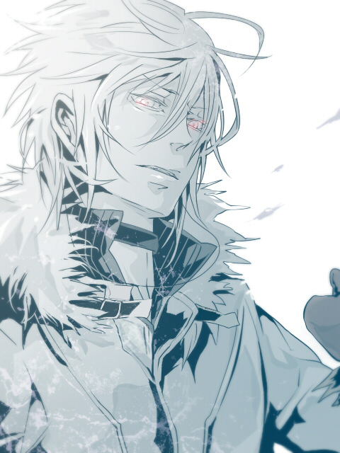 1boy, accelerator_(toaru_majutsu_no_index), choker, fur_collar, glowing, glowing_eyes, ino_(w.b.), jacket, male_focus, monochrome, non-noon, short_hair, solo, spot_color, toaru_majutsu_no_index, upper_body, white_background