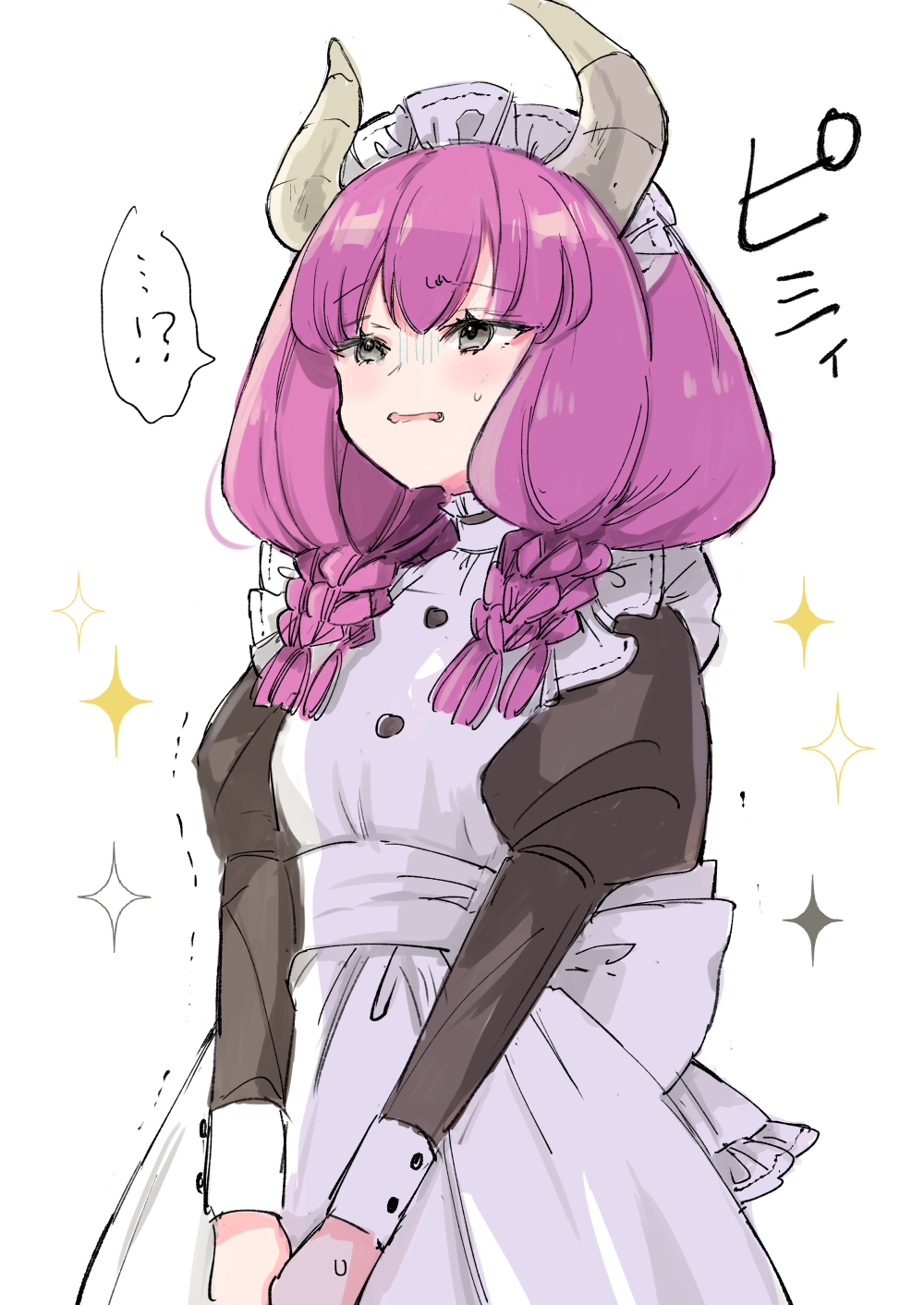 !?, 1girl, apron, aura_(sousou_no_frieren), aura_bullying_(meme), blush, braid, cowboy_shot