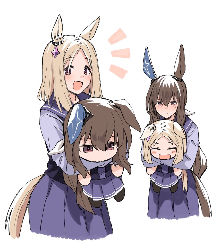 2girls, absurdres, admire_vega_(umamusume), animal_ears, black_eyes, blonde_hair, blush, brown_eyes