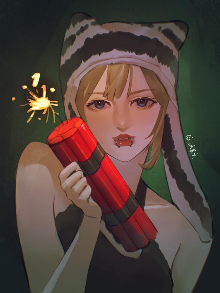 artist_name, black_headwear, black_tank_top, blonde_hair, blue_eyes, collarbone, dynamite, explosive, face_piercing, green_background, highres, holding, k-pop, lily_(nmixx), lip_piercing, looking_at_viewer, nmixx, piercing, portrait, real_life, short_hair, striped_clothes, striped_headwear, suancai_ya_xie_tang, tank_top, white_headwear