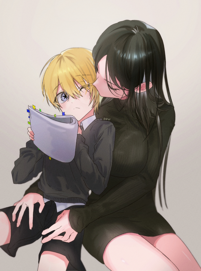 1boy, 1girl, age_difference, artist_name, black_shorts, blonde_hair, book, breasts, cheating_(relationship), closed_eyes, closed_mouth, collared_shirt, commentary_request, ddu_45, double-parted_bangs, dress, eyelashes, grey_background, grey_eyes, grey_sweater, groping, hair_between_eyes, hand_on_own_chest, hands_on_another's_thighs, hetero, highres, himekawa_airi, holding, holding_book, kamiki_hikaru, kissing_hair, korean_commentary, large_breasts, long_bangs, long_hair, long_sleeves, one_eye_closed, onee-shota, oshi_no_ko, parted_bangs, pencil_dress, shirt, shirt_under_sweater, short_dress, short_hair, shorts, signature, sleeves_past_wrists, star-shaped_pupils, star_(symbol), straight_hair, sweater, symbol-shaped_pupils, thighs_together, white_shirt
