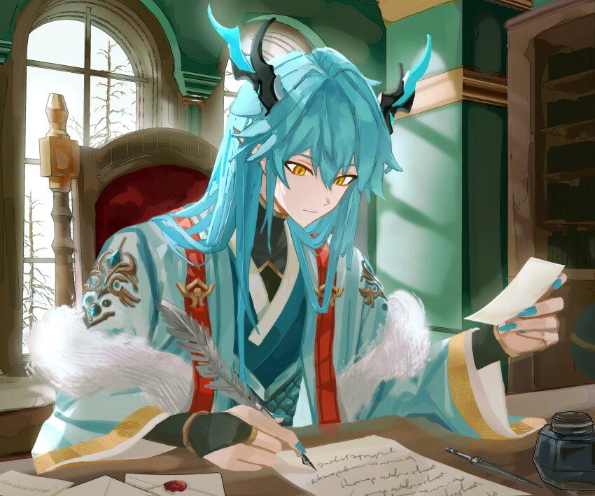 1boy, :|, absurdres, aqua_hair, aqua_jacket, aqua_nails, bare_tree, black_bridal_gauntlets, black_shirt, blue_robe, bookshelf, bridal_gauntlets, chair, chinese_clothes, closed_mouth, day, denif_(elsword), dragon_boy, dragon_horns, elsword, expressionless, feather_boa, hair_between_eyes, hair_down, hanfu, highres, holding, holding_paper, holding_quill, horns, indoors, inkwell, jacket, korean_commentary, letter, long_hair, long_sleeves, looking_at_object, looking_down, male_focus, nail_polish, paper, pointy_ears, quill, robe, scale_print, shirt, sitting, solo, sunlight, table, tree, turtleneck, upper_body, wax_seal, window, window_shadow, writing, yaho_(bungadance), yellow_eyes