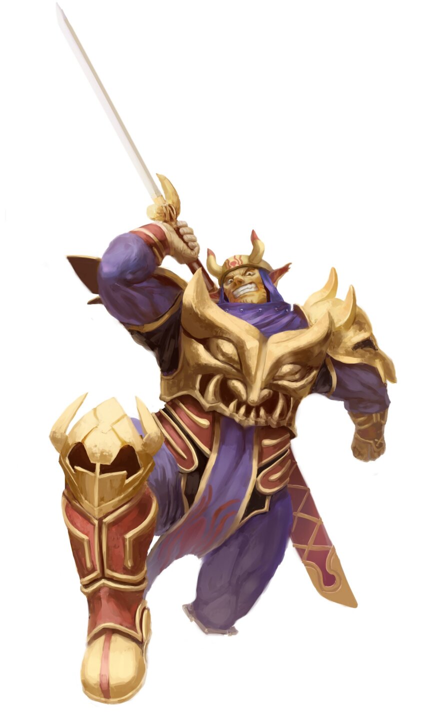 1boy, armor, clenched_teeth, facial_mark, fake_horns, full_body, gadwin_(grandia), grandia, grandia_i, highres, holding, holding_sword, holding_weapon, horned_headwear, horns, looking_at_viewer, male_focus, mame_(kari), muscular, muscular_male, pointy_ears, simple_background, solo, sword, teeth, weapon, white_background