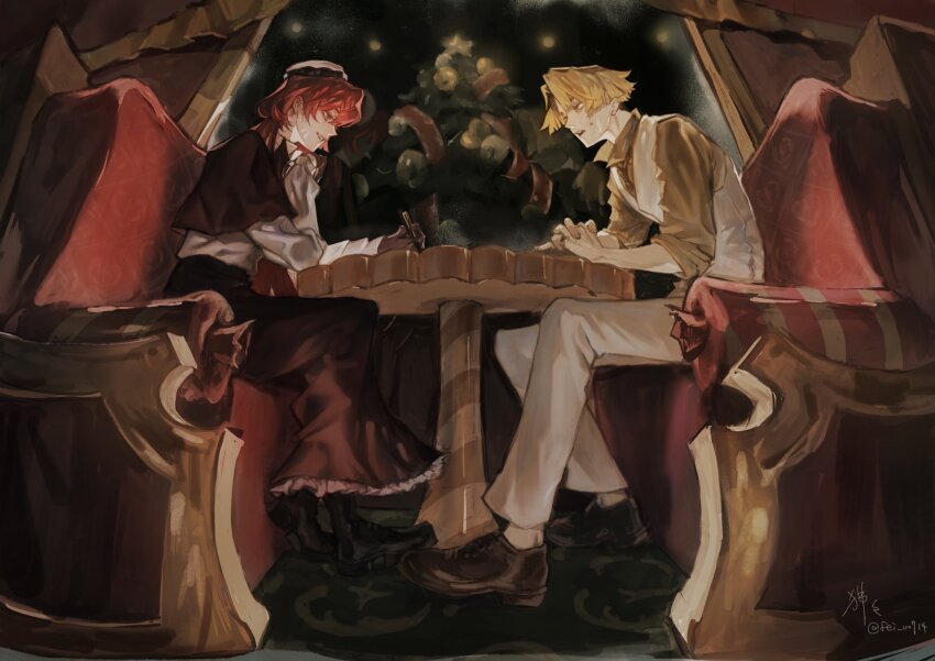 1boy, 1girl, black_footwear, black_gloves, black_headwear, blonde_hair, blunt_ends, booth_seating, boots, brown_capelet, brown_hair, brown_skirt, capelet, carpet, chair, christmas_tree, cookie_run, creme_brulee_cookie, cross-laced_footwear, curtained_hair, elbow_rest, eye_contact, fei_00714, frilled_skirt, frills, from_below, from_side, full_body, gloves, hair_between_eyes, head_rest, highres, holding, holding_pen, humanization, interlocked_fingers, linzer_cookie, long_hair, long_skirt, looking_at_another, nervous, own_hands_together, pants, parted_bangs, parted_lips, pen, popped_collar, profile, red_eyes, red_hair, shirt, shoes, short_hair, sitting, skirt, sleeves_rolled_up, smile, sweatdrop, table, teeth, train, train_interior, upper_teeth_only, vest, white_pants, white_shirt, white_vest, yellow_shirt