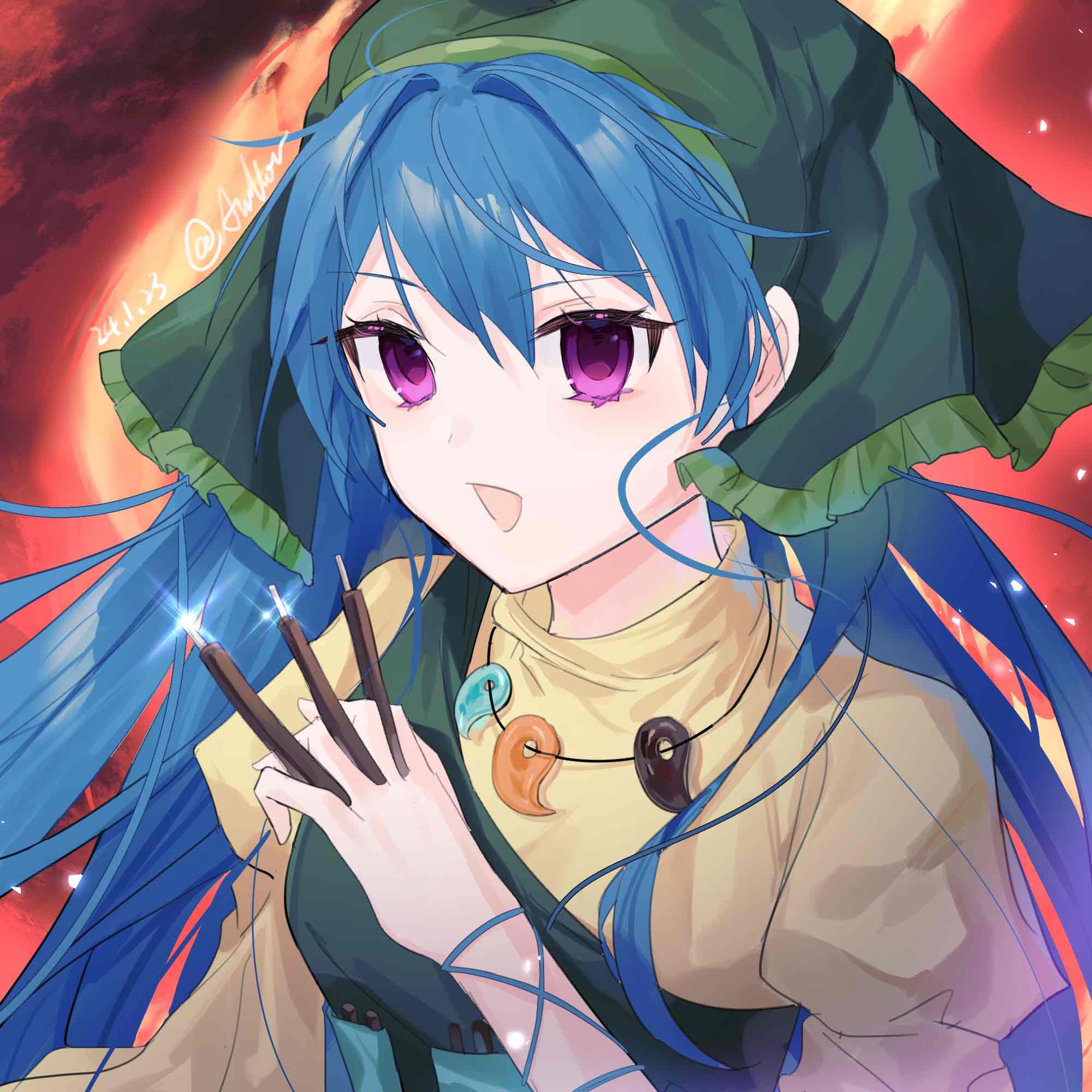 1girl, anllouser, apron, blue_hair, chisel, dress, green_apron, green_headscarf
