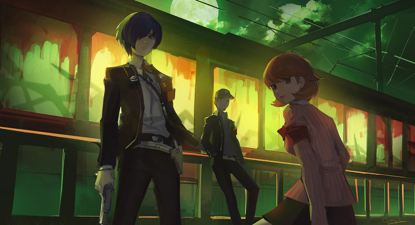 1girl, 2boys, baseball_cap, belt, black_jacket, black_pants, black_ribbon, black_skirt