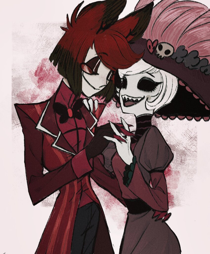 1boy, 1girl, absurdres, alastor_(hazbin_hotel), arm_around_another's_waist, black_hair, black_sclera, closed_eyes