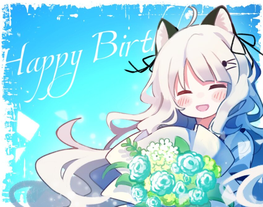 1girl, ahoge, akaruku, animal_ears, arknights, blue_background, blue_flower, blue_rose