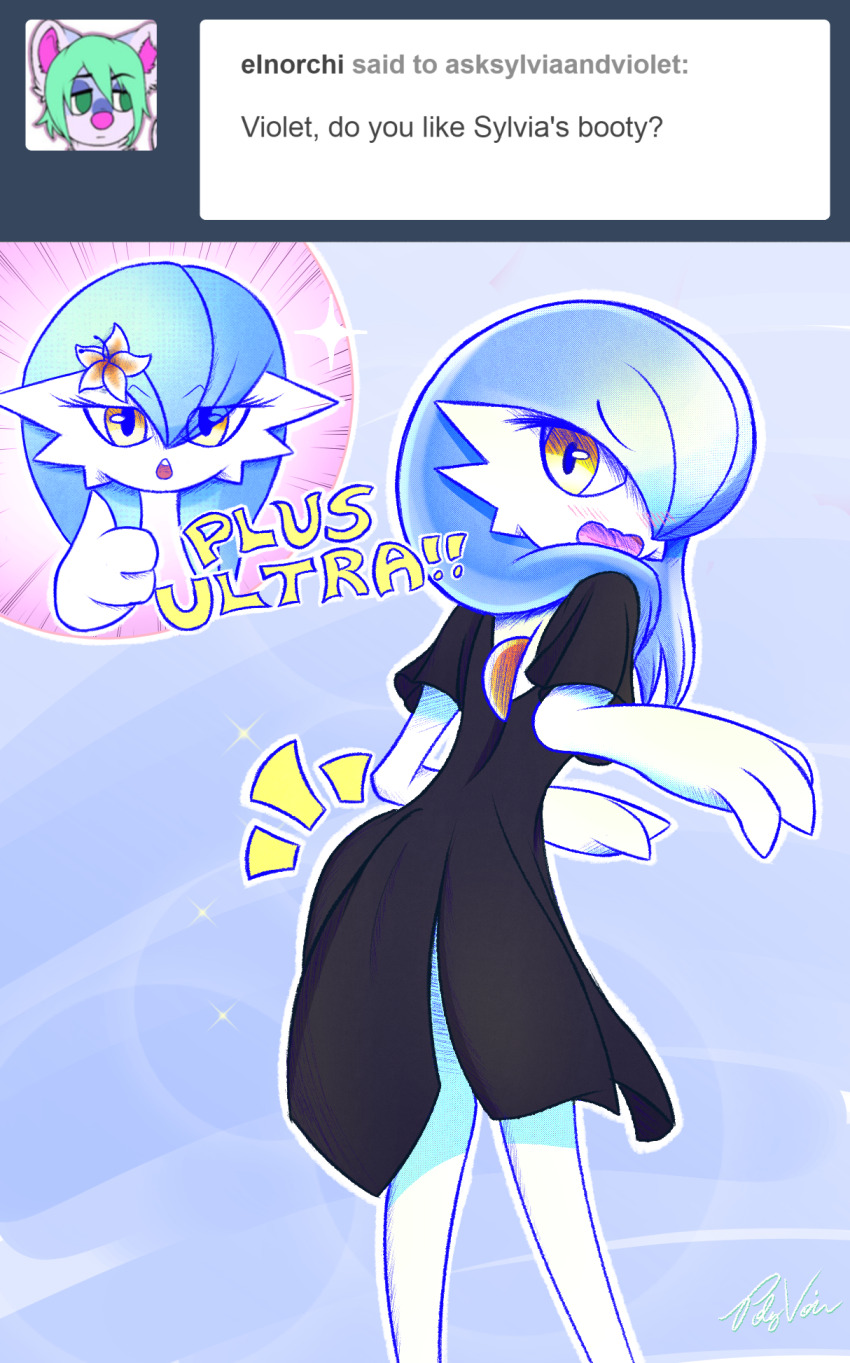 2girls, artist_name, backless_shirt, black_dress, blue_background, blue_hair, blush, boku_no_hero_academia