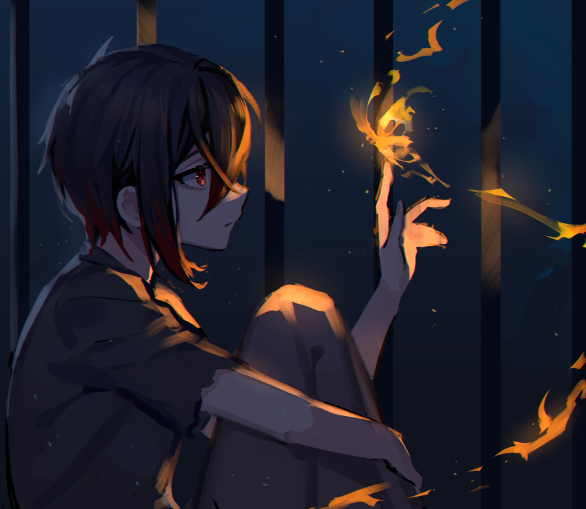 1boy, aged_down, ayn_alwyn, ayn_alwyn_(eden), bars, black_hair, black_pants, black_shirt, bug, butterfly, butterfly_on_hand, child, closed_mouth, feet_out_of_frame, fire, from_side, hair_between_eyes, hand_up, highres, insect, kazenemuri, knees_to_chest, looking_at_animal, lovebrush_chronicles, male_focus, multicolored_hair, pants, profile, red_eyes, red_hair, shirt, short_hair, short_sleeves, single_sidelock, sitting, solo, streaked_hair, torn_clothes, torn_shirt