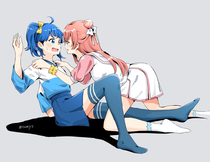 2girls, ahoge, arm_support, bent_over, blue_eyes, blue_hair, blue_skirt, blue_thighhighs