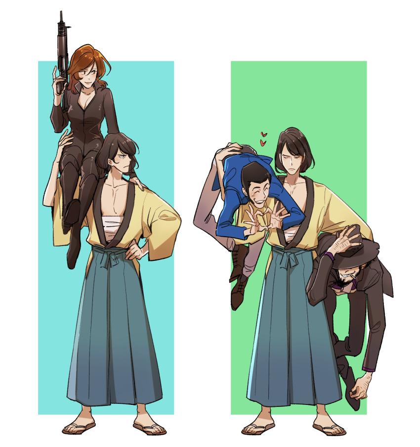 1girl, 3boys, adjusting_clothes, adjusting_headwear, arsene_lupin_iii, bare_pectorals, beard, black_bodysuit