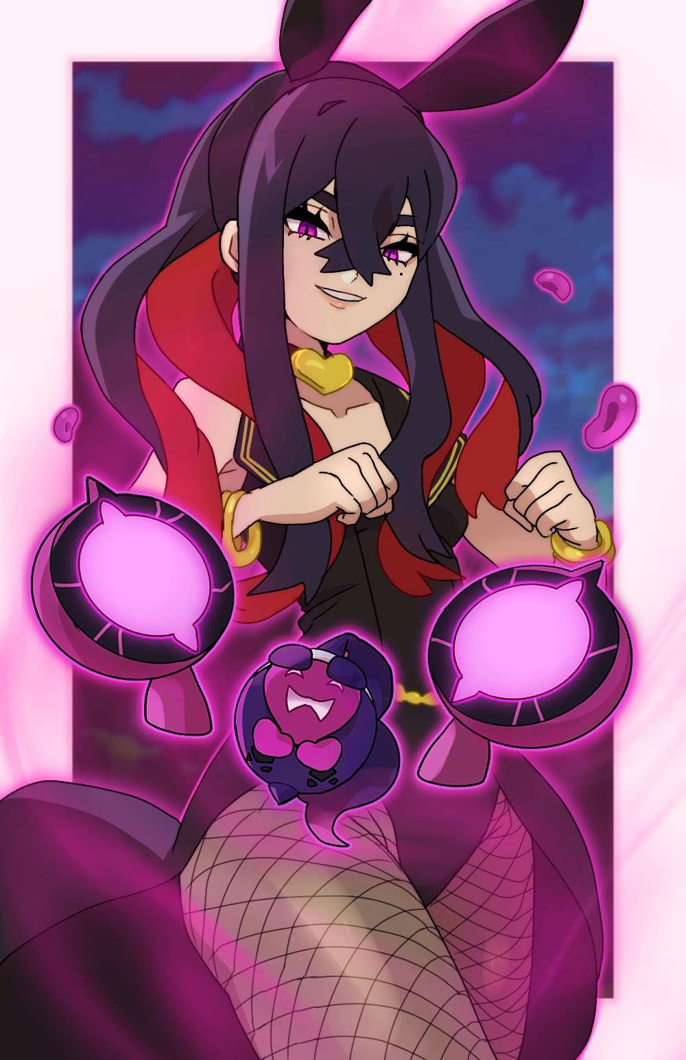 1girl, animal_ears, aura, black_hair, black_leotard, carmine_(pokemon), choker, clenched_hands, colored_inner_hair, cosplay, cowboy_shot, crossed_bangs, dragon_quest, dragon_quest_xi, dual_persona, eyelashes, fake_animal_ears, fishnet_pantyhose, fishnets, fu_(tk1189227dhy), hair_between_eyes, heart, heart_choker, highres, leotard, long_hair, looking_at_viewer, martina_(dq11)_(cosplay), mind_control, mochi_mochi_dance, mole, mole_under_eye, multicolored_hair, nintendo, pantyhose, pecharunt, playboy_bunny, pokemon, pokemon_(creature), pokemon_scarlet_and_violet, possessed, possession, purple_eyes, rabbit_ears, red_hair, smile, two-tone_hair