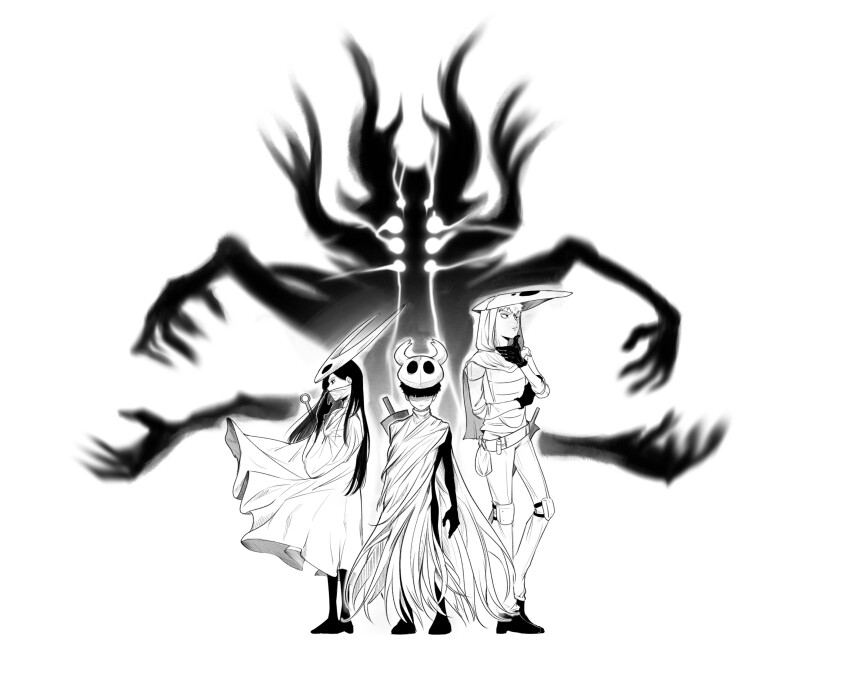 1girl, 2boys, absurdres, belt_pouch, bodysuit, cape, cloak, cosplay