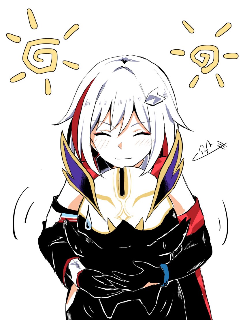 1girl, absurdres, animal, animal_hug, black_dress, black_gloves, blush, closed_eyes