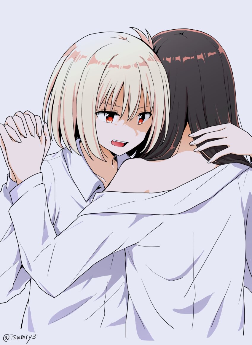 2girls, black_hair, blonde_hair, collarbone, collared_shirt, commentary, fang, highres