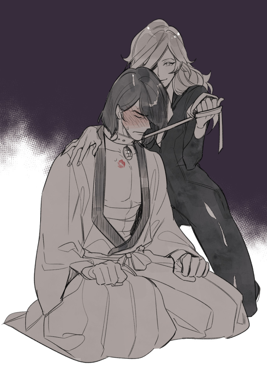 1boy, 1girl, animal_collar, bare_pectorals, blush, bodysuit, breasts, cleavage, clenched_hands, closed_eyes, collar, fingernails, hair_over_one_eye, hakama, halorane, hand_on_another's_shoulder, hetero, highres, holding, holding_leash, ishikawa_goemon_xiii, japanese_clothes, kneeling, leash, lipstick_mark_on_chest, long_hair, lupin_iii, mine_fujiko, monochrome, pectorals, sandals, short_hair, spot_color