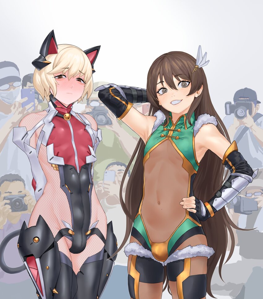 2boys, absurdres, androgynous, animal_ears, arms_behind_back, baseball_cap, black_hair, black_leotard, blonde_hair, blush, brown_eyes, brown_hair, bulge, camera, cat_boy, cat_ears, closed_mouth, cosplay, covered_navel, crowd, embarrassed, fake_animal_ears, gauntlets, hand_on_own_hip, hat, highleg, highleg_leotard, highres, holding, holding_camera, homare_nao, homare_nao_(cosplay), leotard, long_hair, looking_at_another, looking_at_viewer, mashima_jirou, mask, mouth_mask, multiple_boys, nipples, revealing_clothes, see-through_clothes, see-through_legwear, short_hair, simple_background, smile, standing, taimanin_(series), taimanin_rpgx, taimanin_suit, teeth, thighhighs, trap, uehara_shikanosuke, uehara_shikanosuke_(cosplay), very_long_hair, wide_hips
