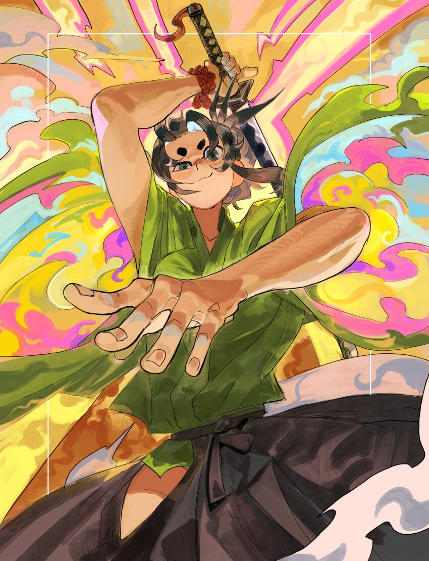 1girl, absurdres, black_hair, black_hakama, colorful, green_eyes, green_kimono, hakama