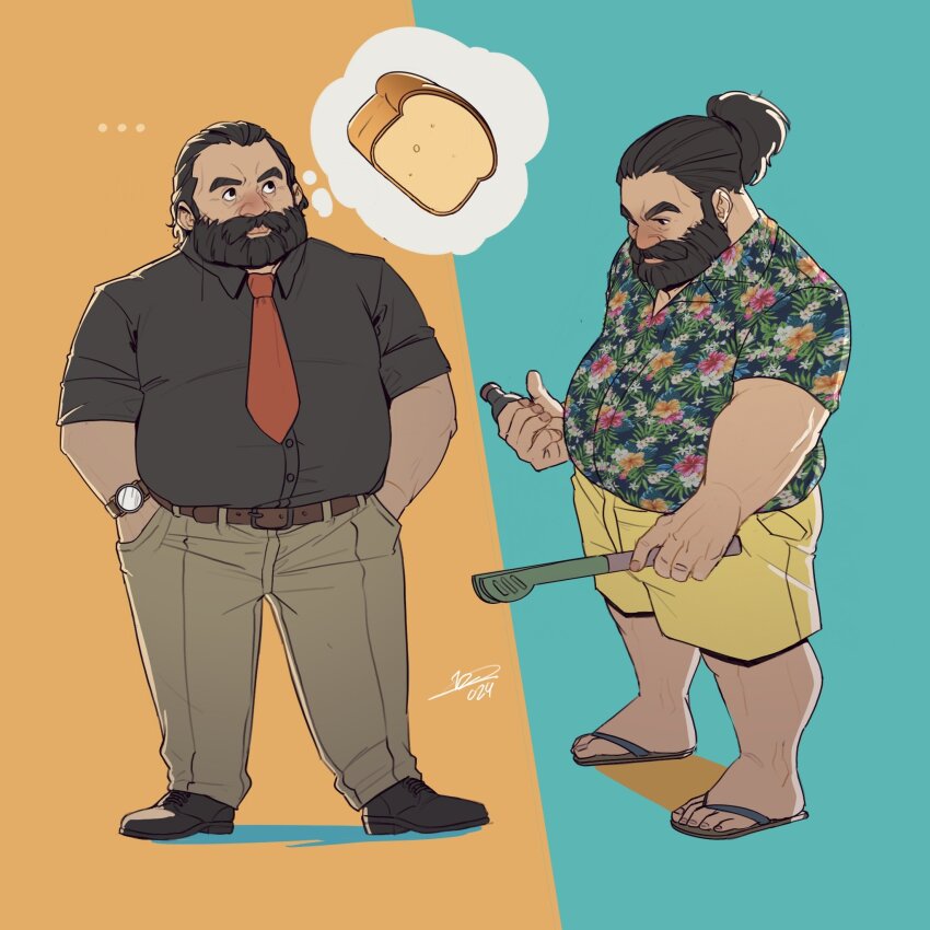 1boy, alternate_beard_length, alternate_costume, alternate_hair_length, alternate_hairstyle, aqua_background, beard, belly