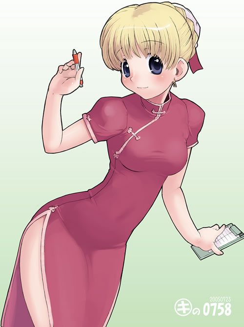 00s, 1girl, 2005, blonde_hair, bun_cover, china_dress, chinese_clothes, clipboard